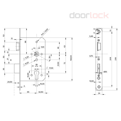Замок дверной огнестойкий DL 1769/B/65mm/SS/L, антипаник, нержавеющая сталь